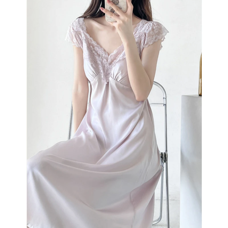 

Пижама женская из искусственного шелка, пикантное свободное кружевное платье, домашняя одежда из вискозы с нагрудными подушечками, на лето