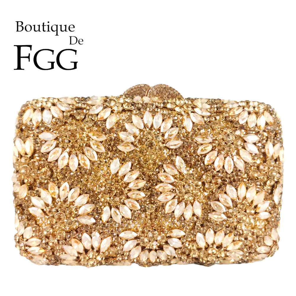 

Boutique De FGG Women Gold Evening Bags Bridal Flower Crystal Clutch Purses Party Dinner Floral Minaudiere Handbags