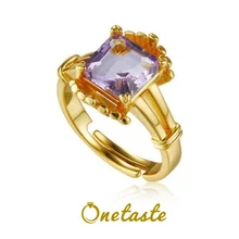 Natural Amethyst 925 Sterling Silver Adjustable Rings For Women Simple Gold Plated Square Gemstone Ring With Mirror Finish Gift