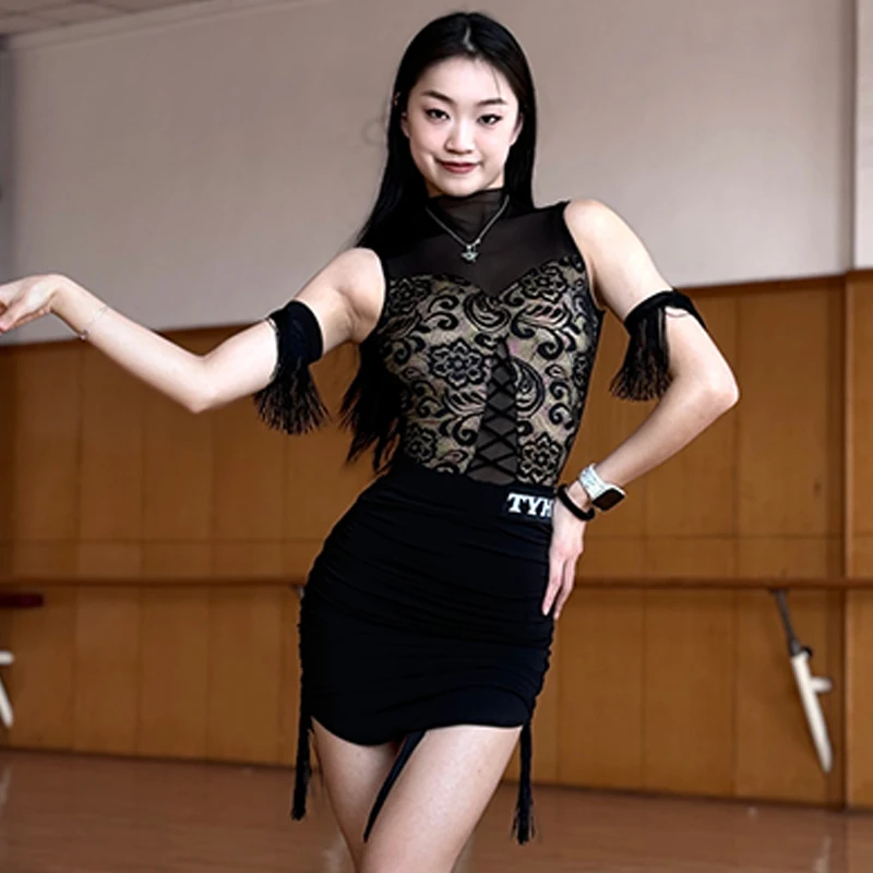 

Black Lace Latin Dance Dress Women Sleeveless Tops Tight Fringe Skirt Sexy Cha Cha Rumba Dance Clothes Practice Wear DNV20321