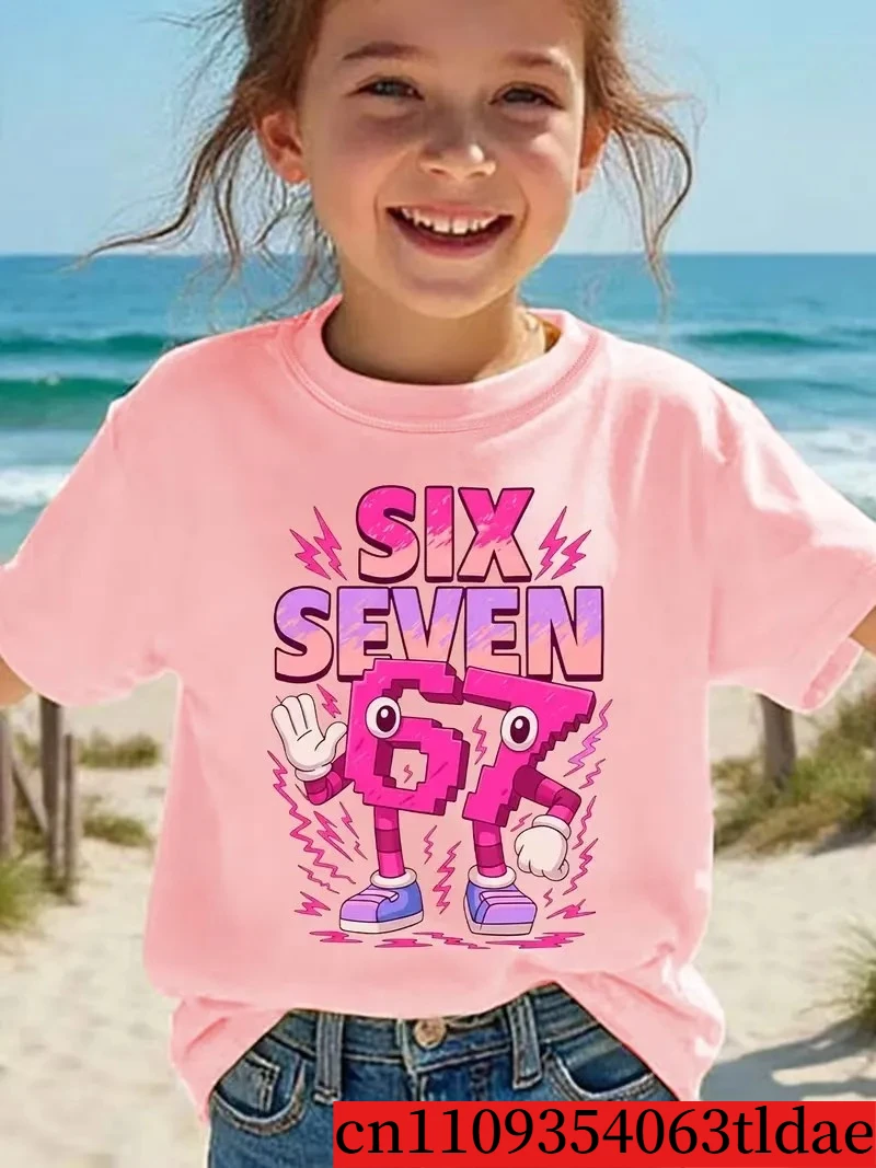 تي شيرت صيفي عصري للفتيات بأكمام قصيرة للأطفال، مطبوع عليه رقم ستة وسبعة باللون الوردي، بنمط رسوم كرتونية تلفزيونية، قميص علوي كاجوال متعدد الاستخدامات تي شيرت صيفي عصري للفتيات بأكمام قصيرة للأطفال، مطبوع عليه رقم ستة وسبعة باللون الوردي، بنمط رسوم كرتونية تلفزيونية، قميص علوي كاجوال متعدد الاستخدامات
