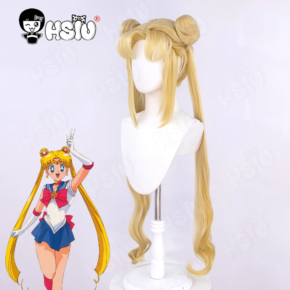 

Tsukino Usagi cosplay wig Fiber synthetic wig HSIU 95Cm Blonde Double Ponytail Long Curly Give away brand wig