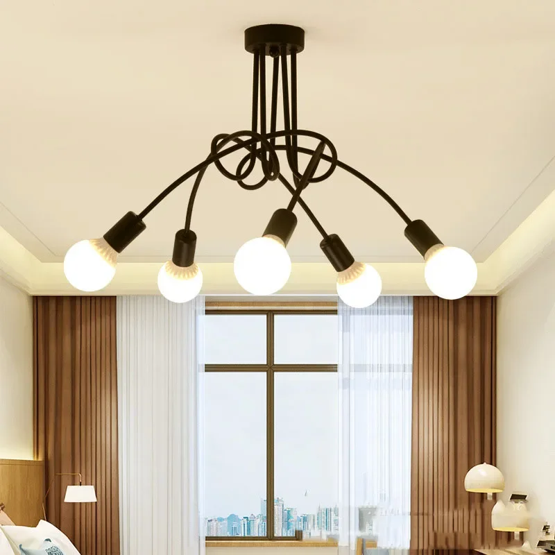 

Retro Chandelier Wrought Iron LED Ceiling Lamp Black and White E27 Light Living Room Modern Decoration Home Lighting Fixture