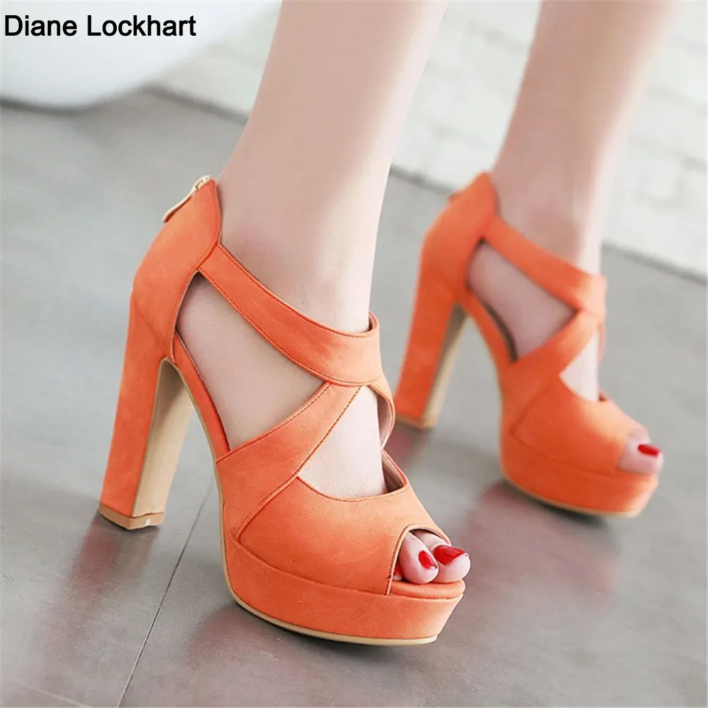 

Women Platform Sandals Super High Block Heels Black Orange Pink Casual Party Office Summer Gladiator Peep Toe Zipper Ladies Shoe