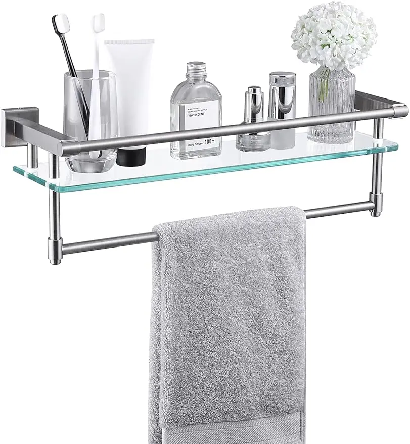 

KES Bathroom Glass Shelf with Towel Bar and Rail 19.6 Inch x 5.9 Inch SUS304 Stainless Steel Brushed Finish Heavy-Duty Rustproof