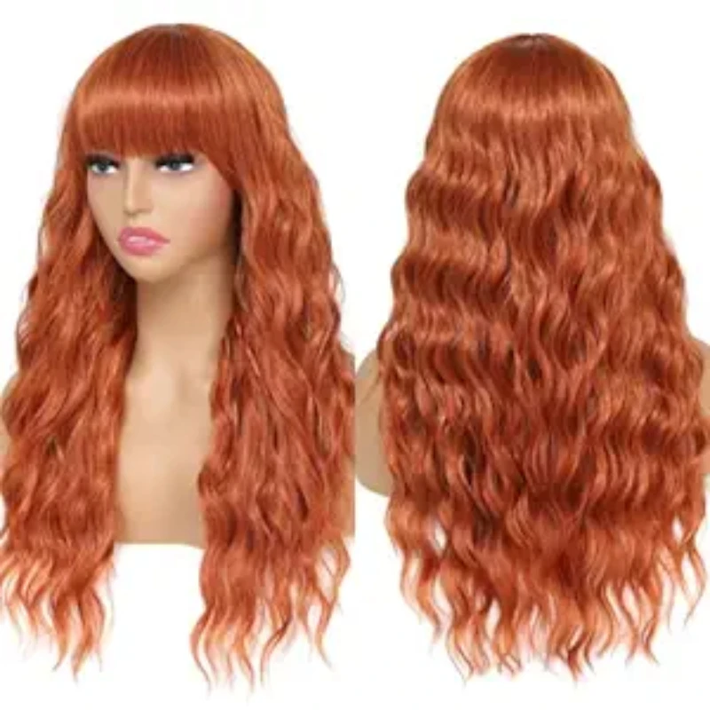 

Длинный вьющийся парик грязного оранжевого цвета с челкой, модные пушистые удлинители волос для женщин, персонализированные аксессуары для волос для ежедневного использования