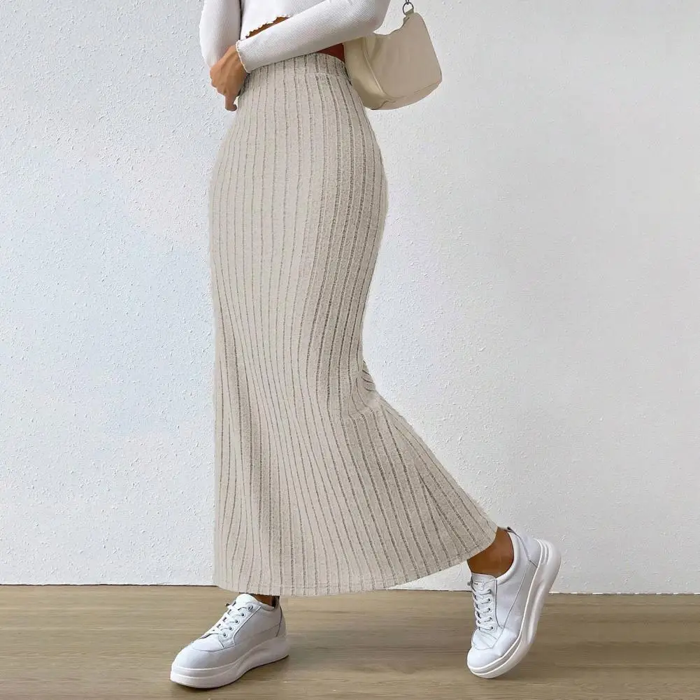 

Commuting Style High-waisted Skirt Striped High Waist Knitted Maxi Skirt for Women Thick Warm Ankle Length Slim Fit Sheath Skirt
