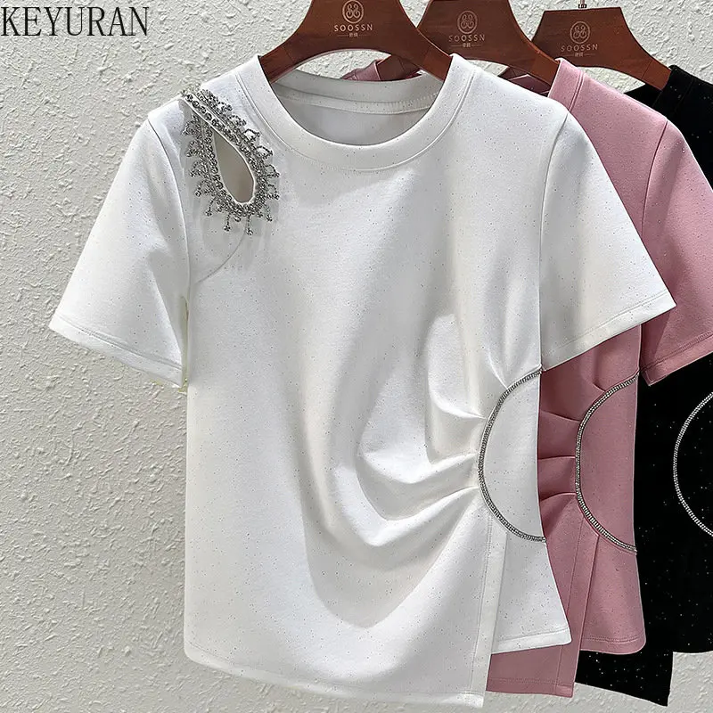 

Женская футболка с коротким рукавом, розовая футболка в европейском и американском стиле со сверкающими бриллиантами, лето 2023