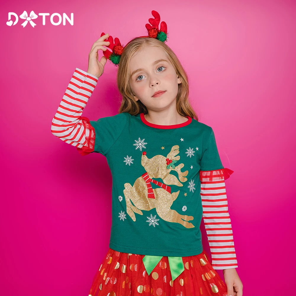 

DXTON Christmas Girls T-shirts Winter Striped Sleeve Toddlers Tops Cotton Elk Xmas Children Tees Cartoon Casual Girls Clothing