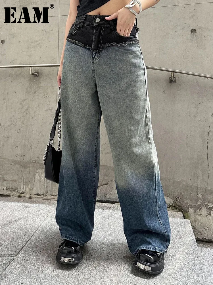 

[EAM] High Waist Blue Gradual Color Denim Burr Long Wide Leg Jeans New Women Trousers Fashion Tide Spring Autumn 2024 1DH5146