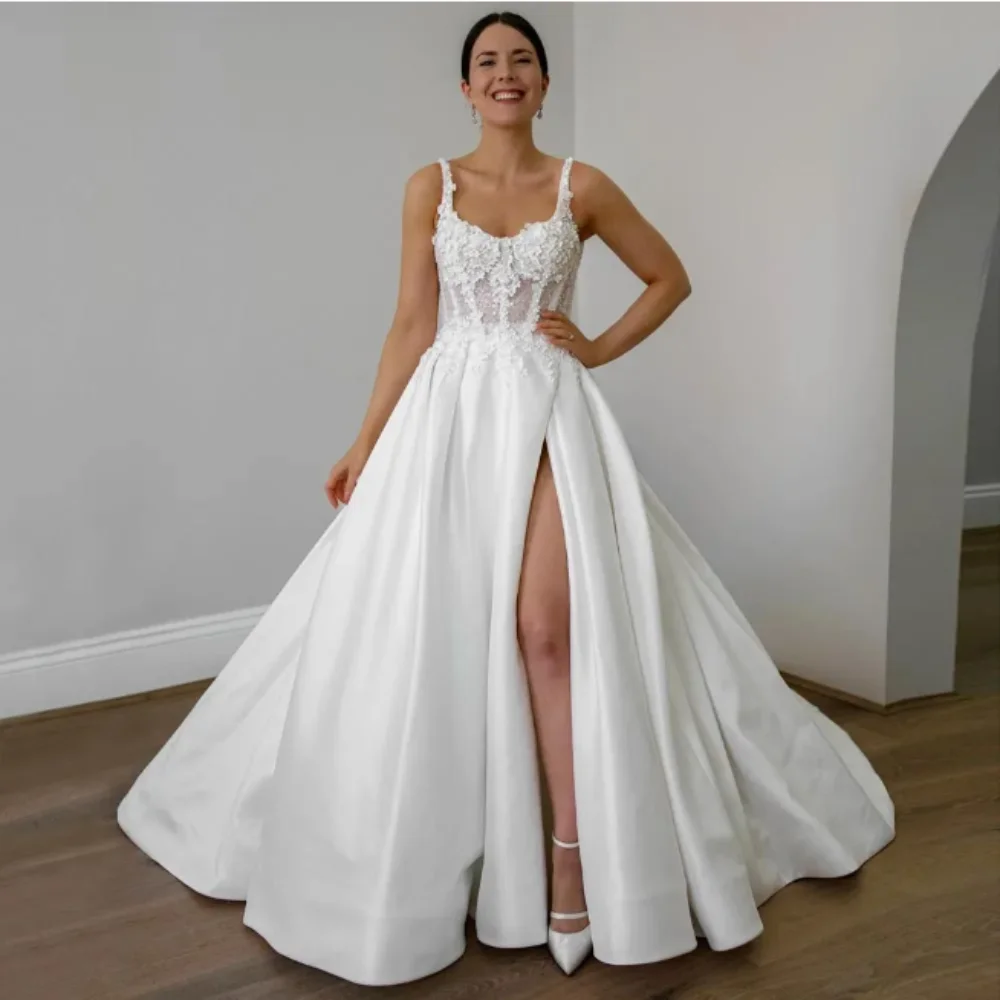 

Stylish Appliqued Wedding Dresses Pearls Side Split Bridal Gowns Sequined A Line Sweep Train Satin Vestido De Novia Custom Made