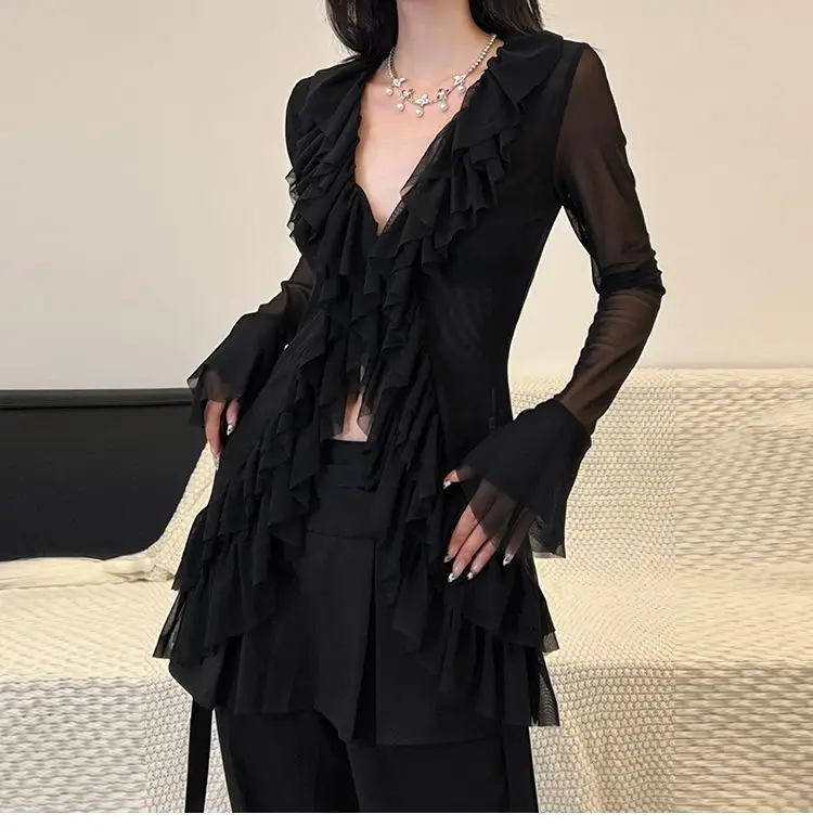 Korean Blouse Women's Clothing V-neck Long Sleeve Tunic Shirts Camisas De Mujer Heavy Ruffles Spring Summer Gauze Blouses Tops Korean Blouse Women's Clothing V-neck Long Sleeve Tunic Shirts Camisas De Mujer Heavy Ruffles Spring Summer Gauze Blouses Tops