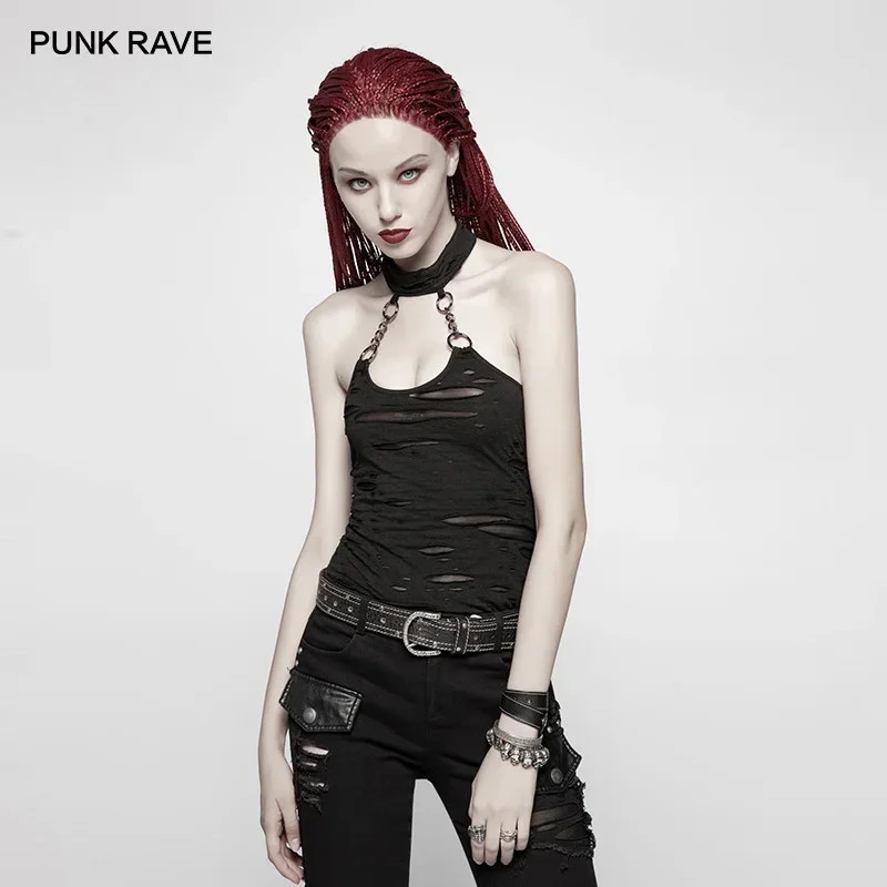 

PUNK RAVE Women's Gothic Post Apocalyptic Black Chained Halter-neck Top Broken Hole Chain Knit Backless Women Vest Camis