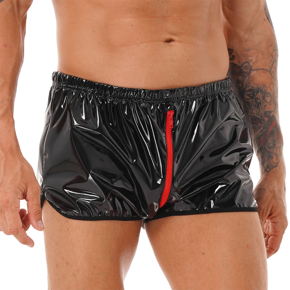 

Sexy Mens Elastic Wet Look Faux Leather Zip Shorts Underwear Boxer Briefs Sissy Breathable Trunks Short Pants Male Underpants