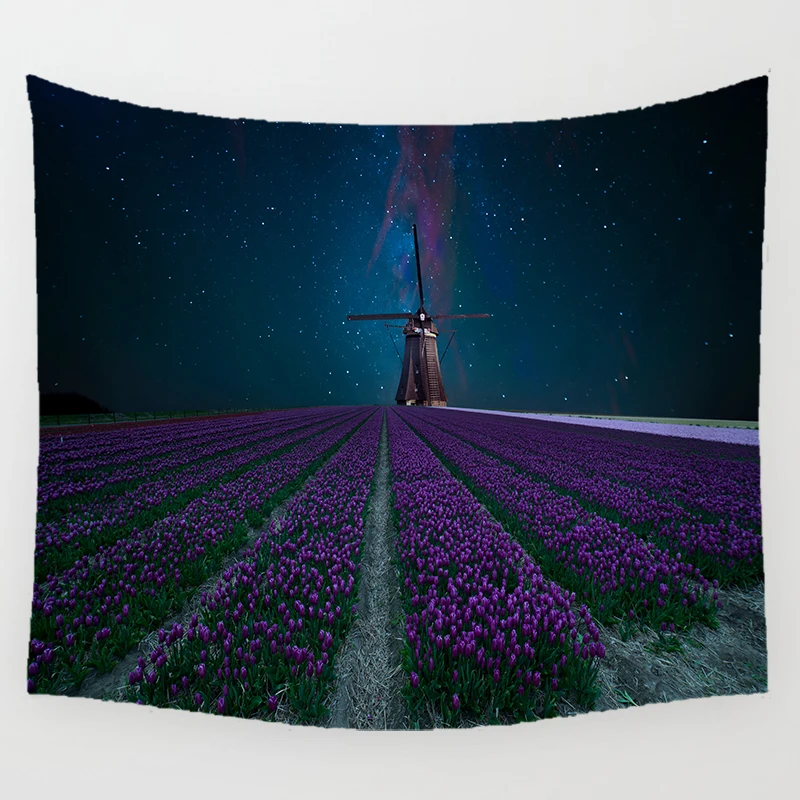 

Nature Landscape Tapestry Purple Flower Field Tapestry Windmill Starry Sky Tapestry Wall Hanging Decor Bedroom Living Room Dorm