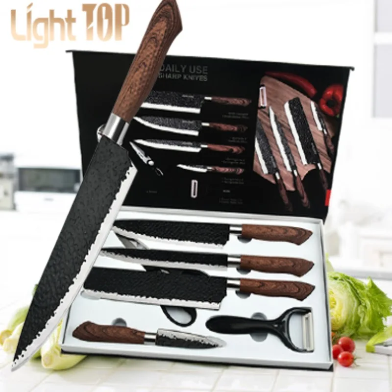 

6Pcs Kitchen Knives Set Hammer Pattern Stainless Steel Slicing Chef Meat Cleaver Sharp Fruit Knife Kitchen Vegetable Scissors