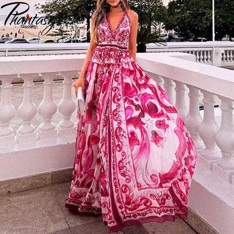 

Phantasy Pink Dress Bohemian Vacation Loose Dress Up Floral Pattern Outfit V-Neck Hanging Neck Backless Romantic Lady Dress