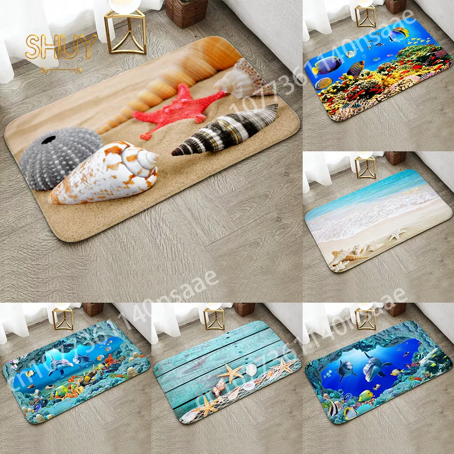 

Sea Ocean Doormat Beach Starfish Pattern Anti-Slip Door Mat Carpet Doormat Flannel Outdoor Kitchen Living Room Floor Mat Rug