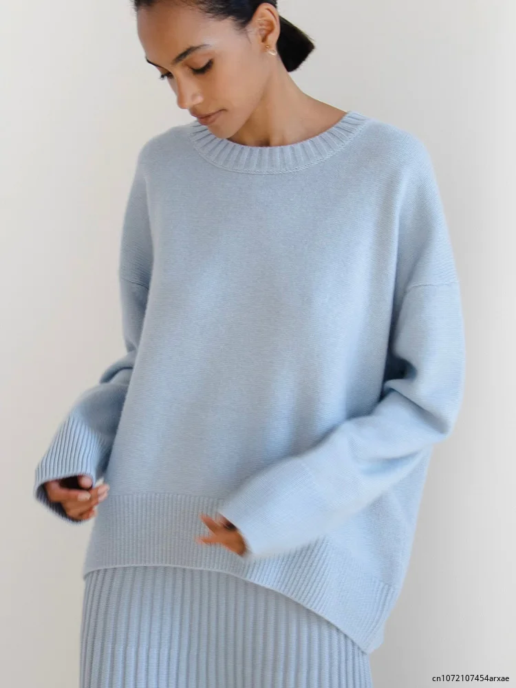 

Осенне-зимний вязаный женский свитер, пуловеры, новинка 2024, осенние свободные толстые однотонные пуловеры с круглым вырезом, высококачественный Повседневный женский свитер