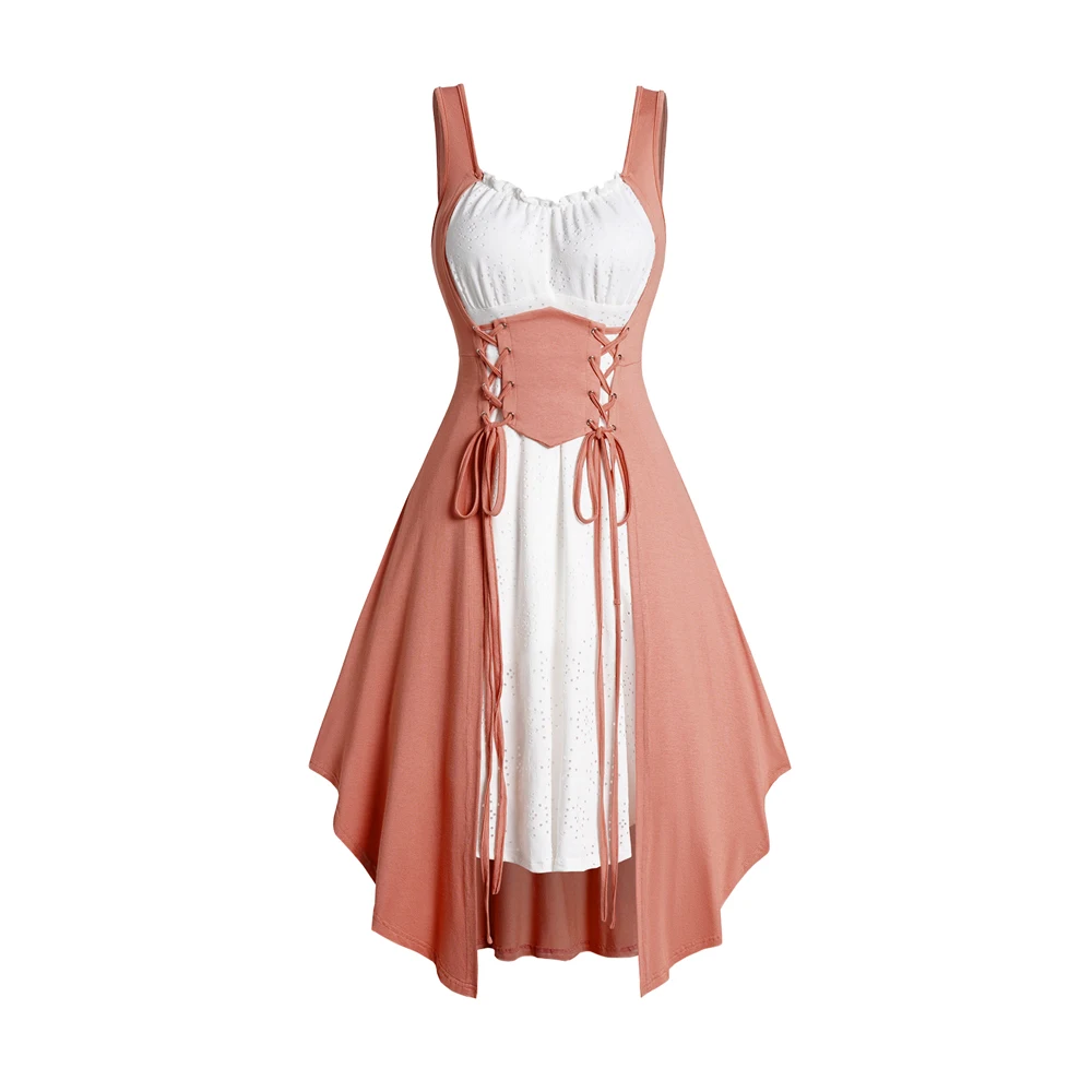

Vintage Summer Twofer Colorblock Lace Up Asymmetric Faux Twinset Dress For Women Sleeveless Midi 2 In 1 Vestido Feminino