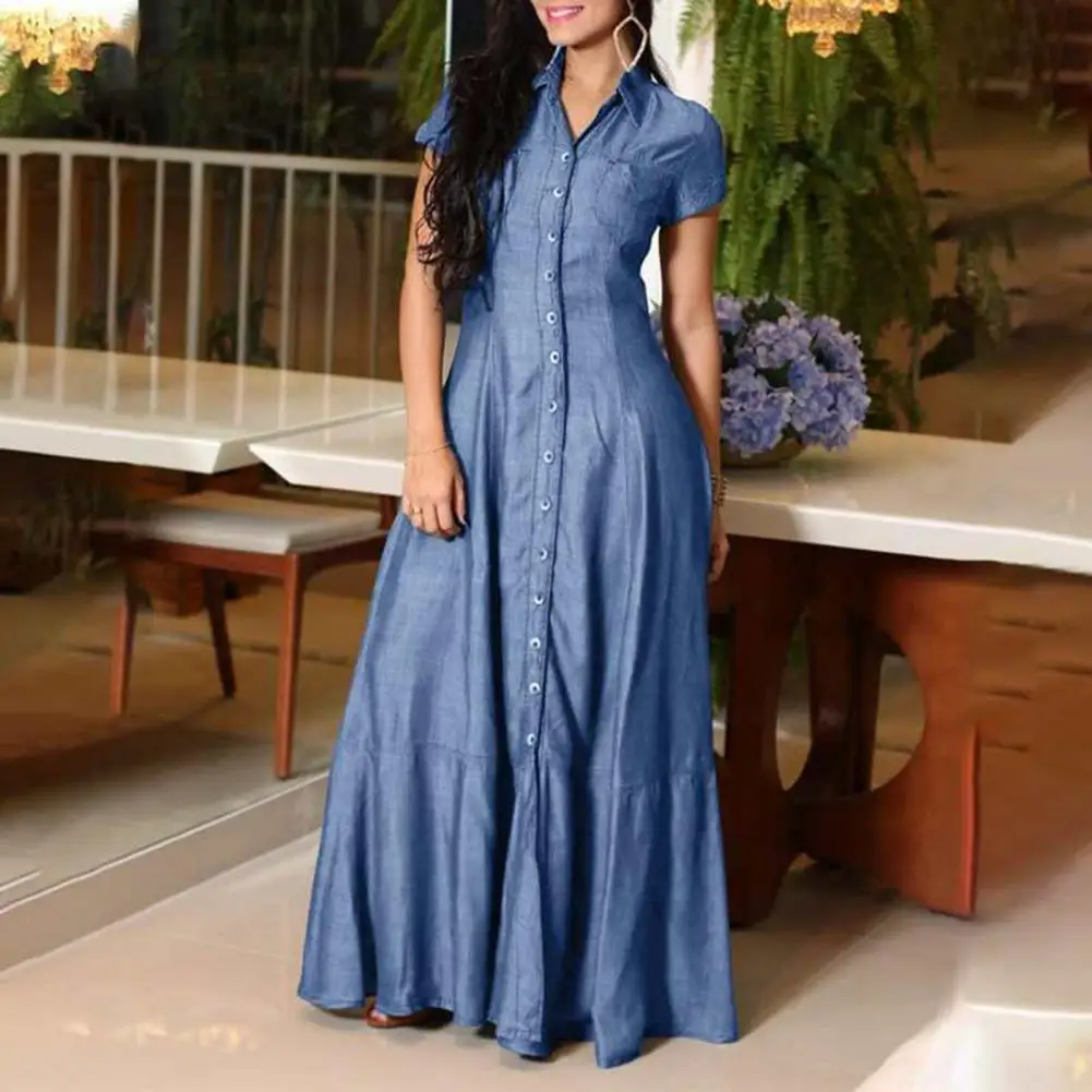 Shirt Collar Denim Dress Elegant Denim Dress with Ruffle Hem Patch Pockets Women's Lapel Short Sleeve A-line Long for Casual
Shirt Collar Denim Dress Elegant Denim Dress with Ruffle Hem Patch Pockets Women's Lapel Short Sleeve A-line Long for Casual