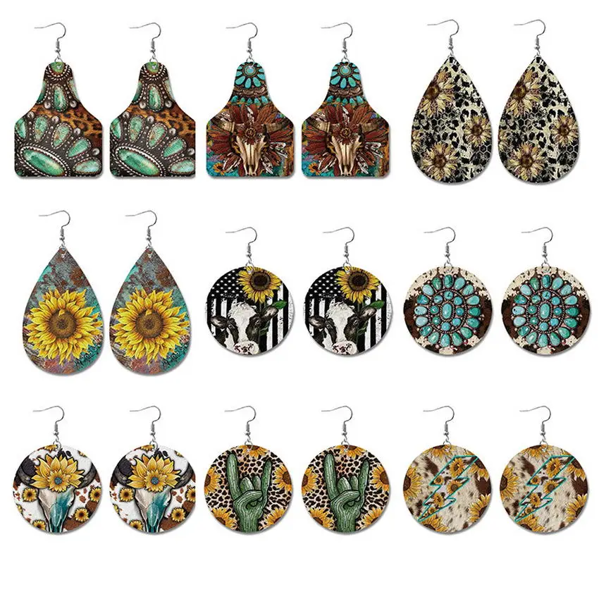 

Western Sunflower Leopard Round Earrings Bohemian Retro Horsehair Cactus Turquoise Pattern Leather Earrings Sublimate Design