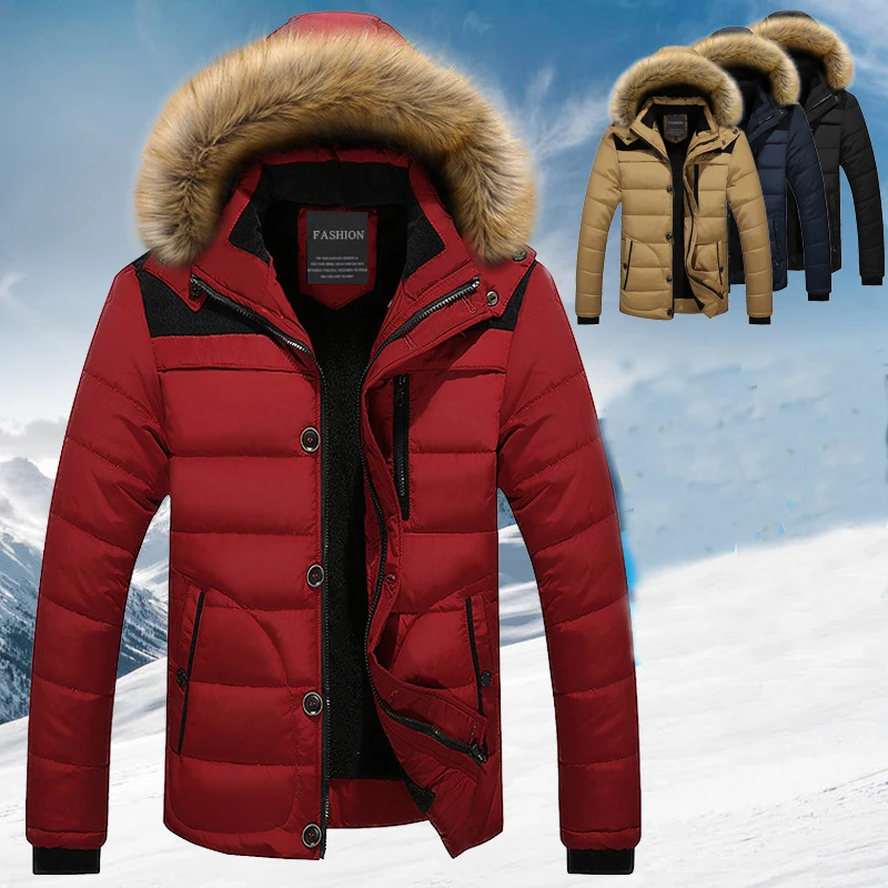 

Мужская теплая куртка с меховым воротником, Зимняя парка с капюшоном, пуховик, верхняя одежда, плотное мужское теплое пальто с шерстяной подкладкой