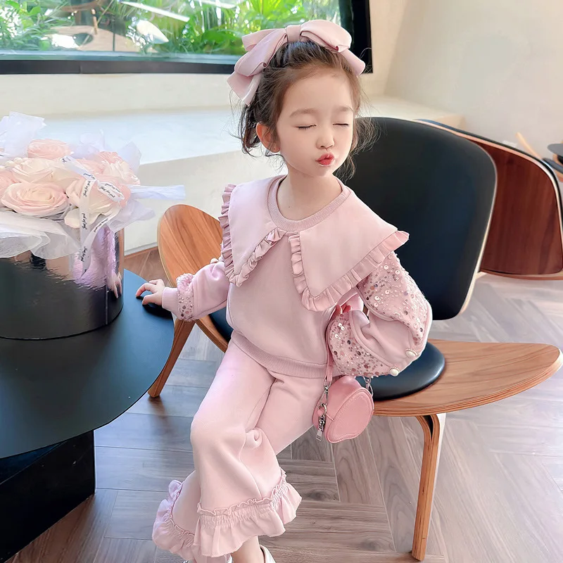 

2024 Spring Children Girl 2PCS Clothing Set Cotton Lapel Sequin Pullovers Solid Flared Pant Toddler Girl Outfits Baby Girl Suits