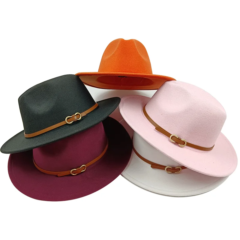 

Monochrome fedora butterfly metal belt felt hat women's jazz hat fedora grass green women's fedora women's hat wholesale