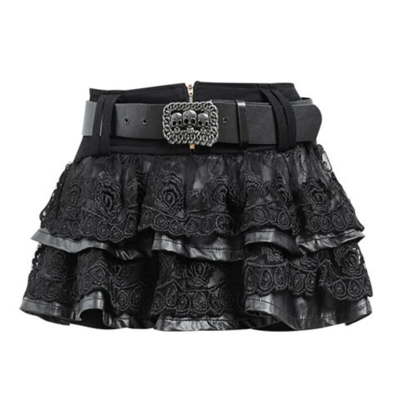 

Dark Academia Pu Leather Lace Patchwork Mini Skirt with Belt Women Sexy Japanese Y2k Harajuku Skirts Gothic Short Black Faldas