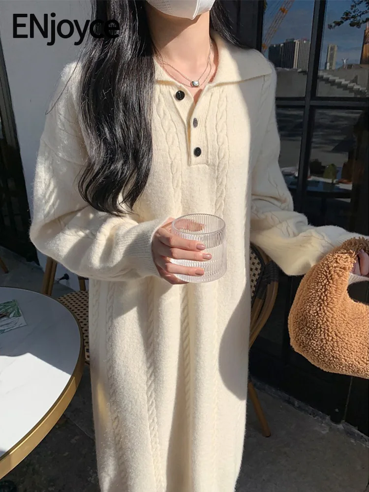 ENjoyce Autumn Winter Korean Fashion Lapel Knitted Dresses Pullover Sweater Dress Women Over Knee Dresses Casual Knitwear
ENjoyce Autumn Winter Korean Fashion Lapel Knitted Dresses Pullover Sweater Dress Women Over Knee Dresses Casual Knitwear