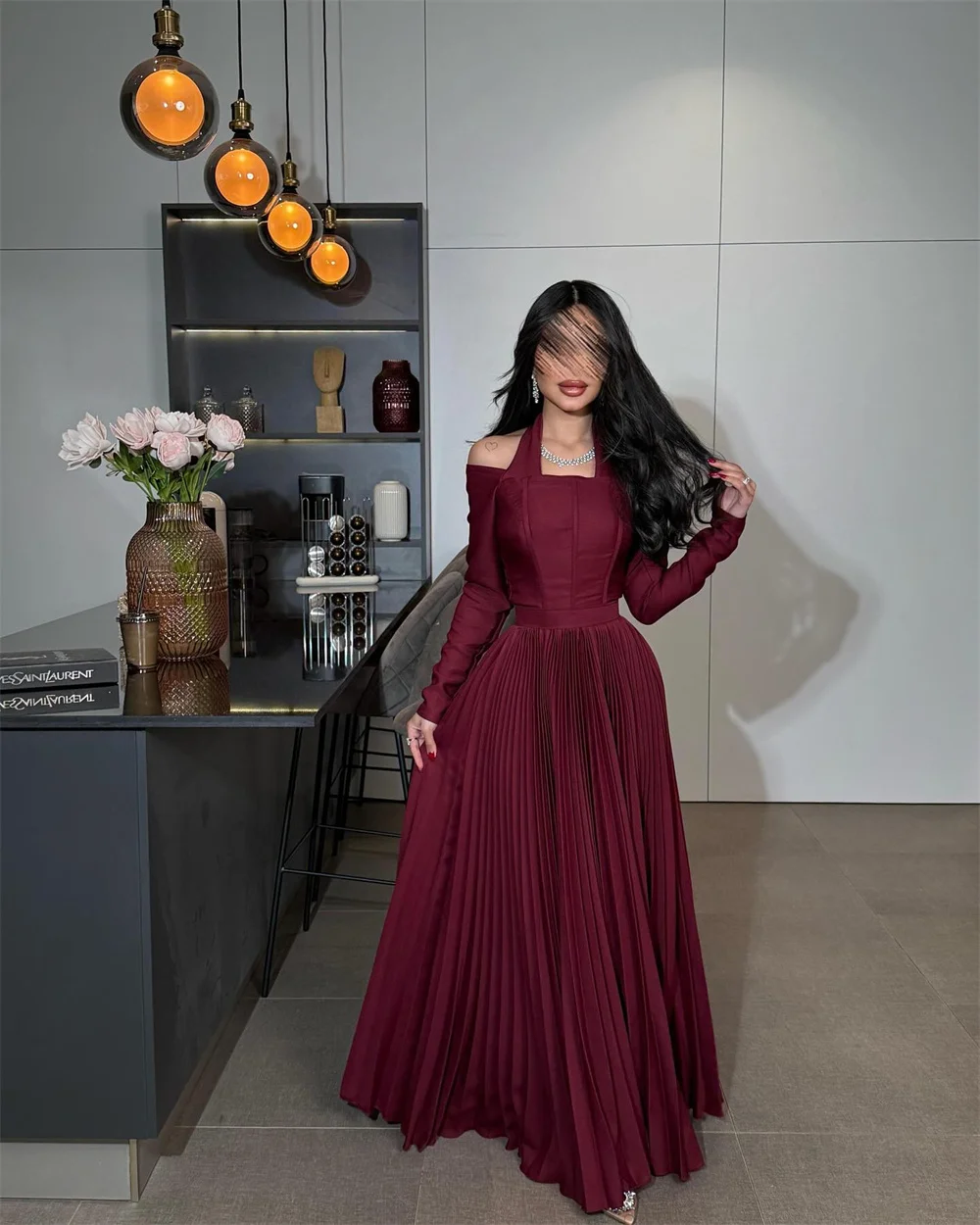 Sansa Customized Halter Neck Long Sleeve A-line Prom Dresses Floor-length Elegant Evening Dresses Simple Pleats Party Dresses 9 S227c98ce24c44477bbeca4a55b2729cdf