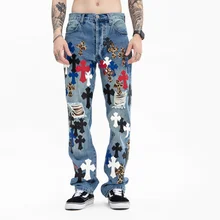Hip Hop Straight Leg Jeans Ripped Jeans Harajuku Cross Embroidered Low Waist Denim Trousers Harajuku Streetwear Retro Wash Pants 
Hip Hop Straight Leg Jeans Ripped Jeans Harajuku Cross Embroidered Low Waist Denim Trousers Harajuku Streetwear Retro Wash Pants
