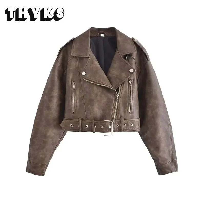 European American Washed Leather Jacket Women Short Lapel Belt Motorcycle Style Jackets Autumn Winter Fashion Versatile Coat
European American Washed Leather Jacket Women Short Lapel Belt Motorcycle Style Jackets Autumn Winter Fashion Versatile Coat