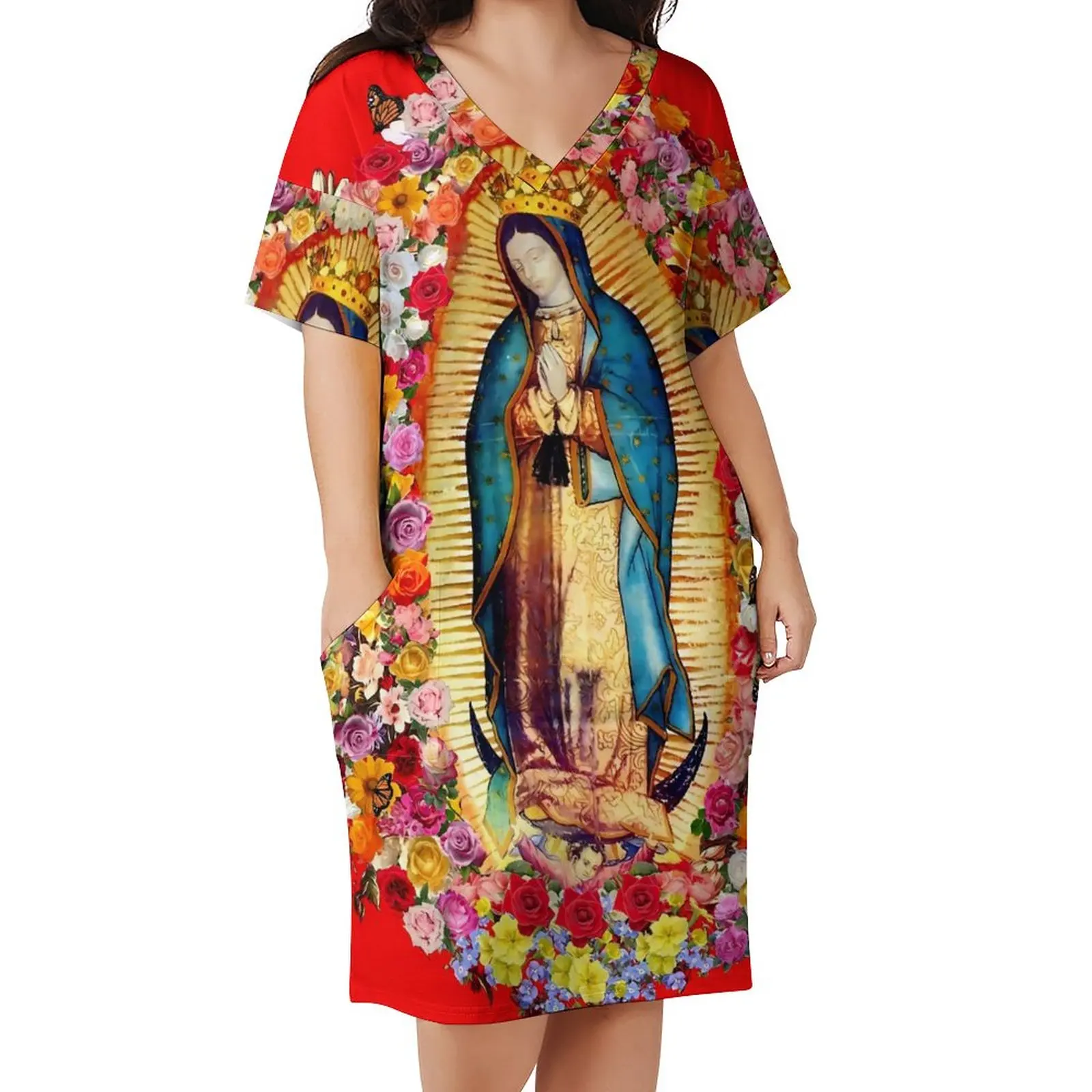 

Mexican Virgin Mary Dress Women Our Lady of Guadalupe Street Fashion Casual Dress Summer Short Sleeve Stylish Oversized Dresses