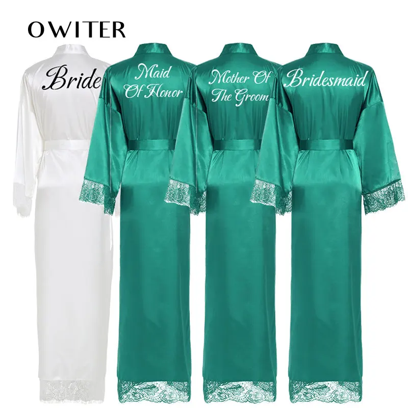 

Шелковые атласные длинные халаты с длинным рукавом, зеленый, индивидуальный халат для невесты, халаты подружки невесты, женский длинный кружевной халат, Свадебный Халат
