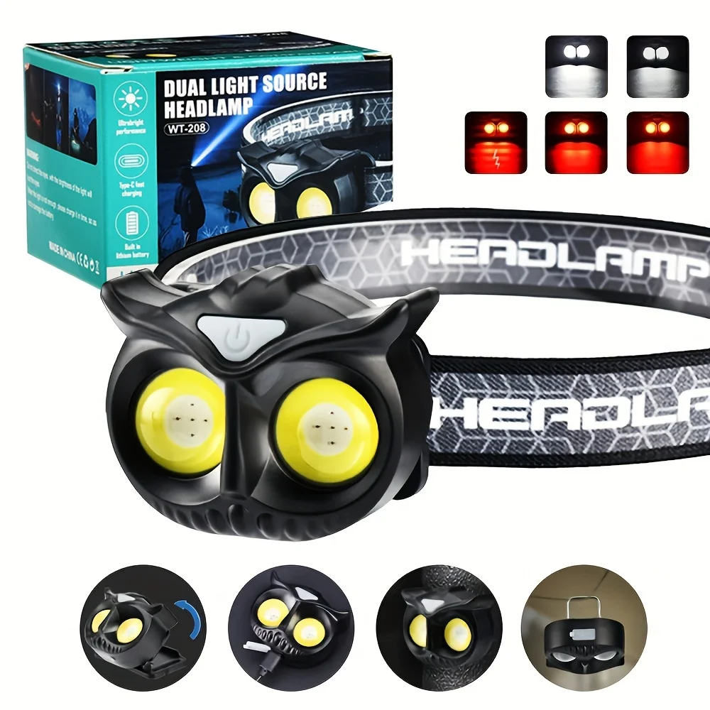 

COB Owl Headlamp USB Rechargeable Headlight Waterproof Head Lamp 5 Working Modes Magnetic Rear with Hook Tent Hanging Lamp