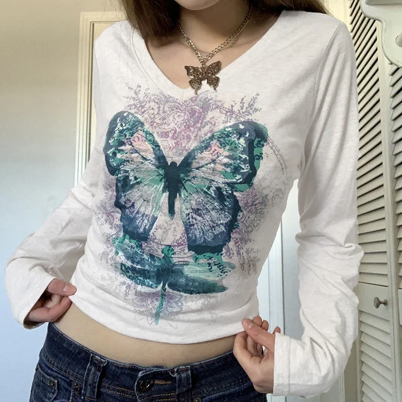 

90s Vintage Grunge Cropped Top Sleeve Autumn Female T-shirt Sexy Y2K Butterfly Print Kawaii Tee Shirt For Women Streetwear