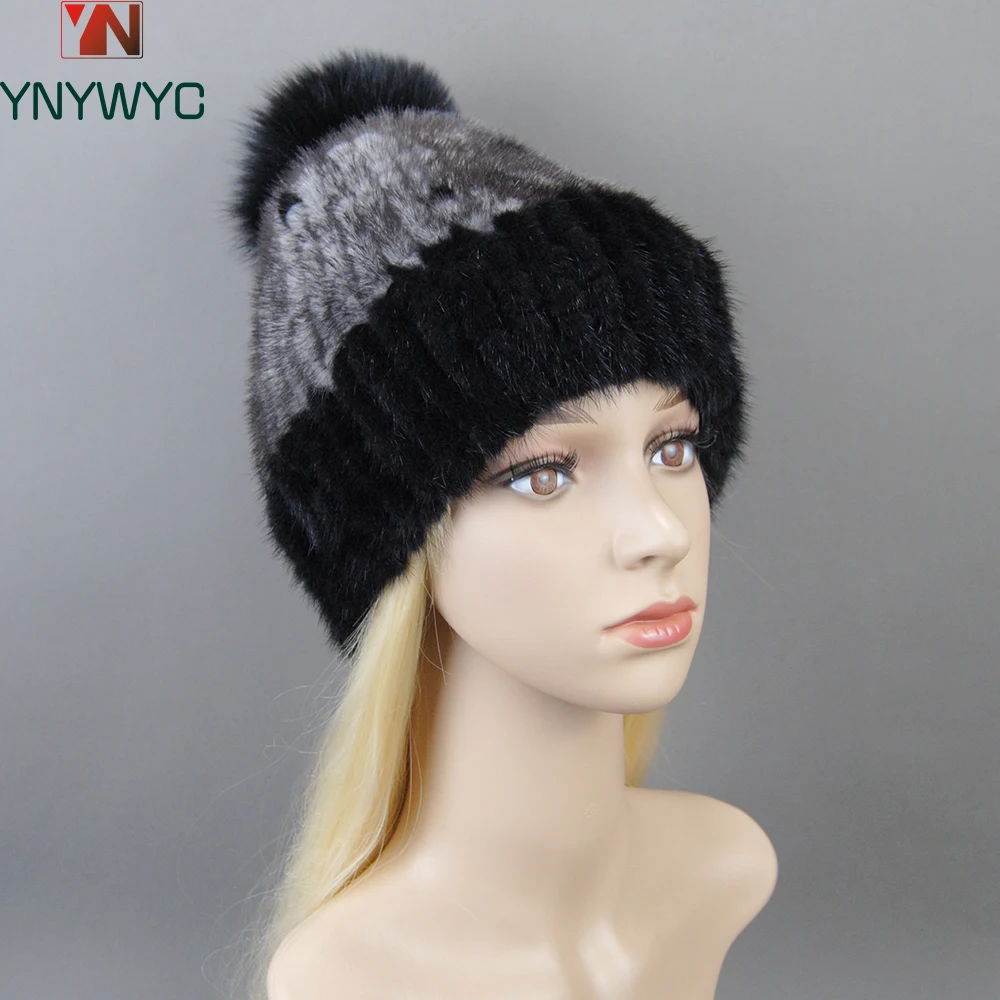 

New Luxury Lady Real Mink Fur Hat Fox Fur Pom Poms Thick Warm Real Mink Fur Cap Women Winter Knitted Real Mink Fur Beanies Hats