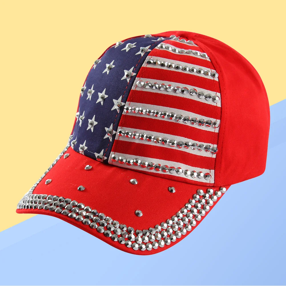 

American Flag Patriotic Flag Baseball Sparkle Rhinestone Hat for Women (Red)