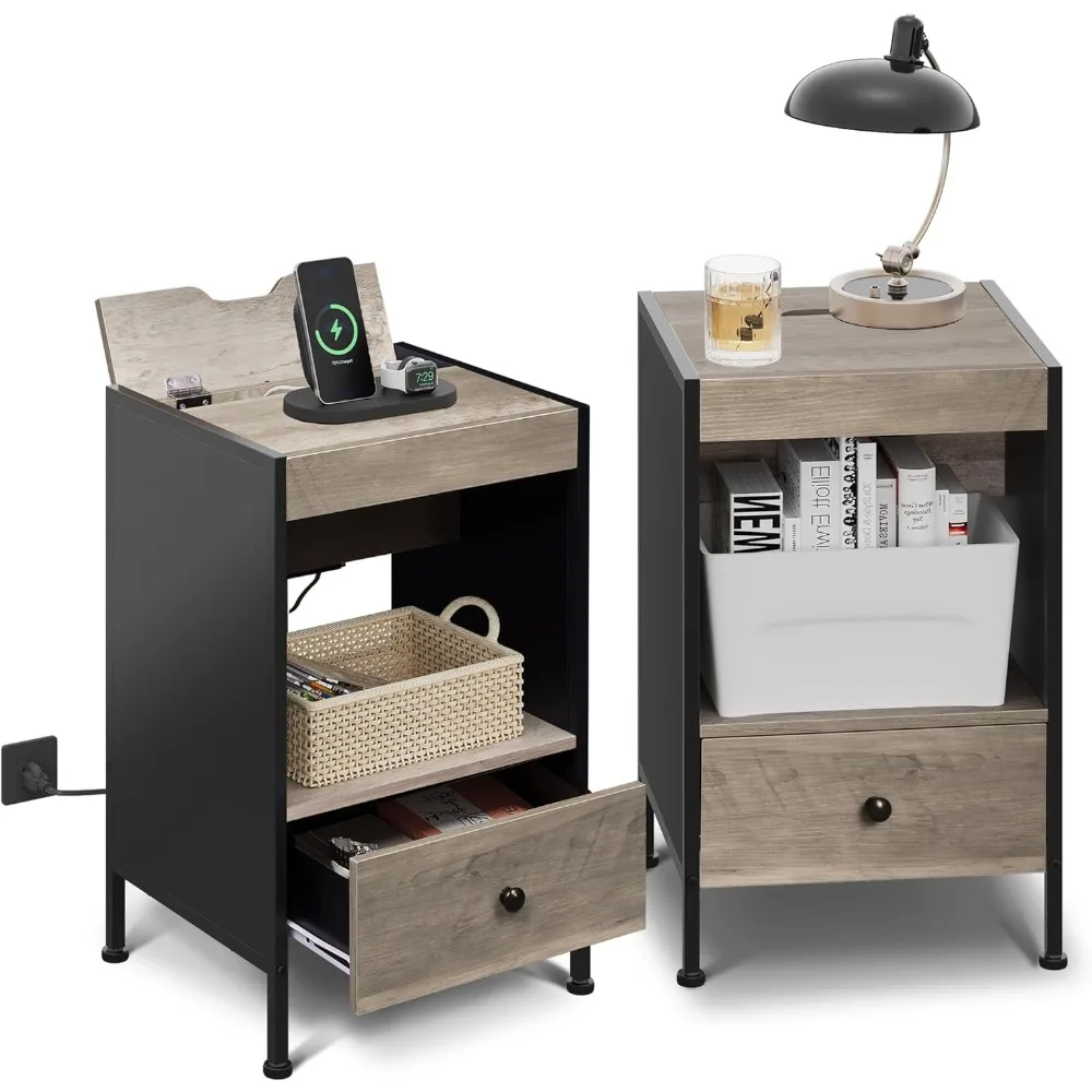 

Nightstand with Charging Station Set of 2, End Tables with USB Ports and Outlets, Bedside Table with Wood Drawer and Metal Frame