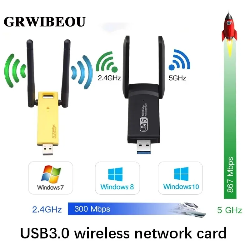 

GRWIBEOU USB 3.0 wireless network card 1200Mbps Wifi adapter antenna dongle network card is suitable laptop desktop computers