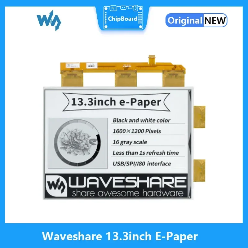 

Waveshare 13.3inch E-Paper E-Ink Raw Display for Raspberry pi,1600×1200 Pixels, Black/White,16 Grey Scales,Parallel Port,No PCB