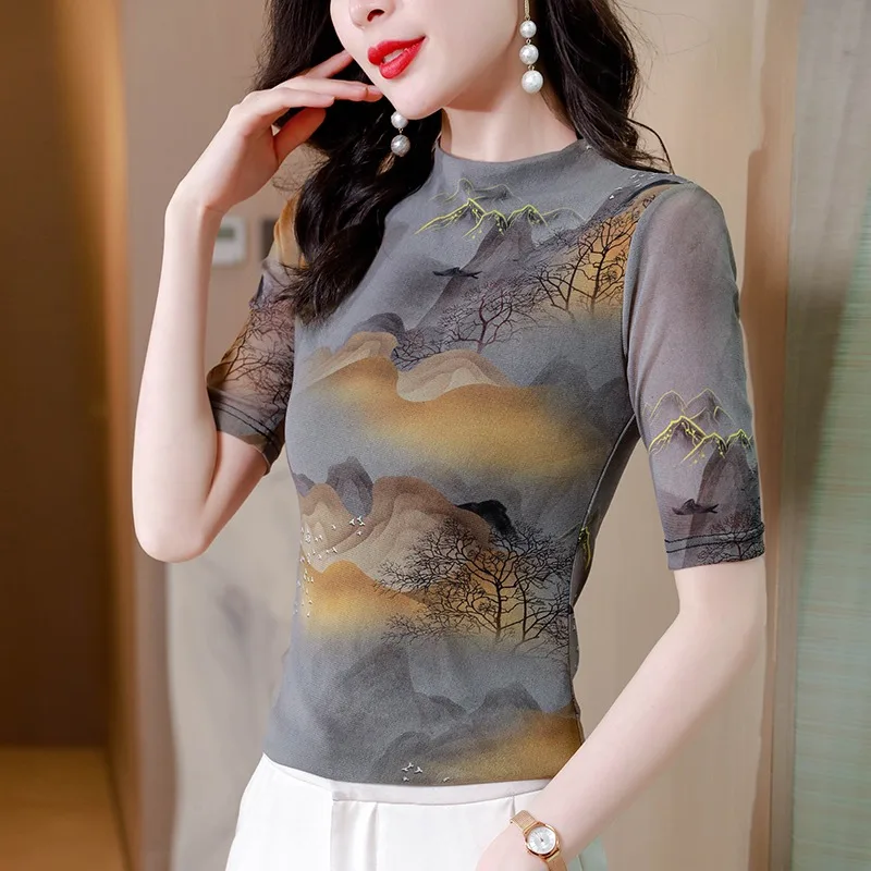 Summer Half Sleeve Slim Fit Clothes Vintage Print Shirt for Women Double Layer Mesh Blouse 2024 New Half High Collar Tops 28381
Summer Half Sleeve Slim Fit Clothes Vintage Print Shirt for Women Double Layer Mesh Blouse 2024 New Half High Collar Tops 28381