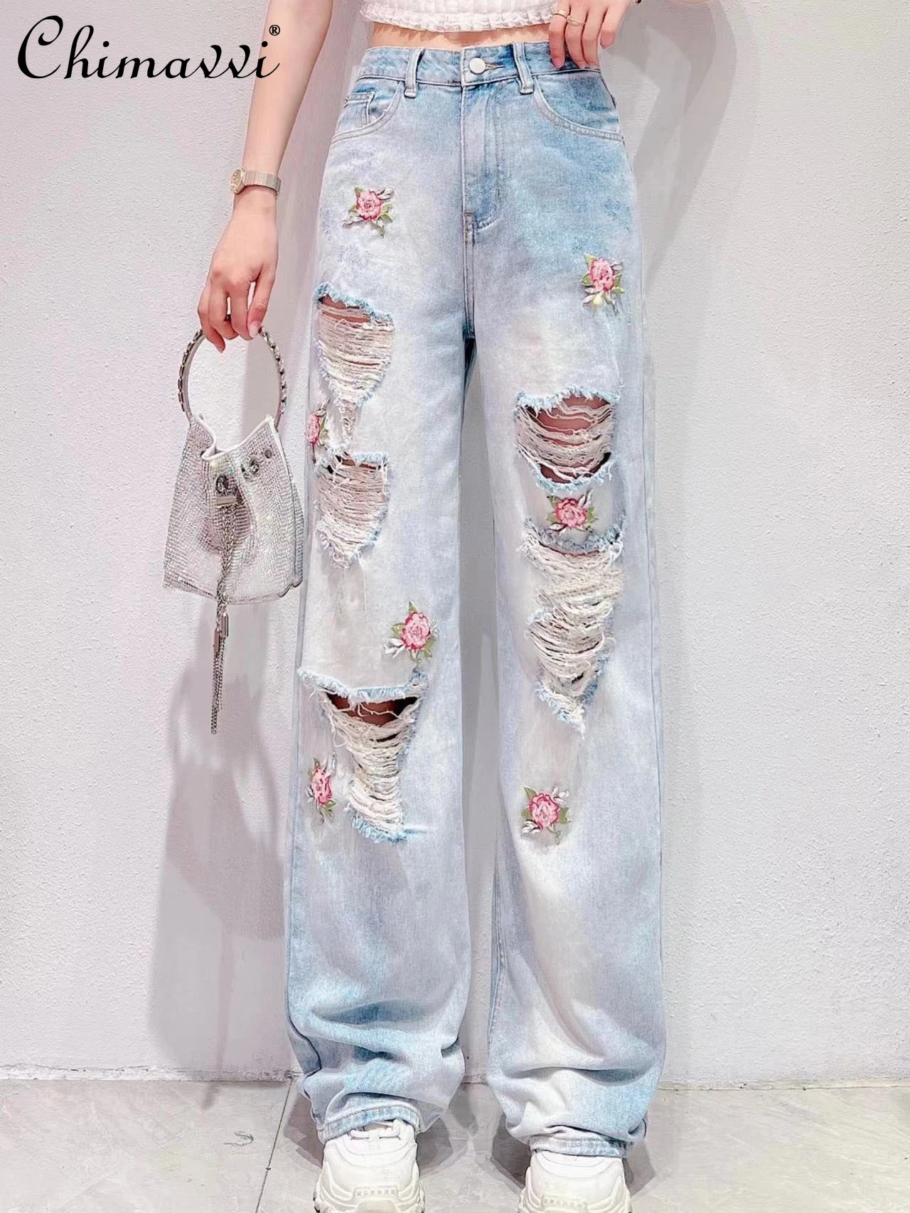 

Flower Embroidery Straight Ripped Jeans for Women 2024 Summer New Fashion Bead High Waist Loose Slimming Wide Leg Mop Pants