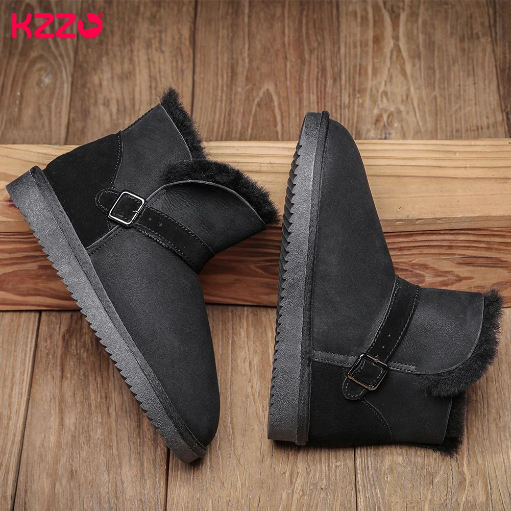 

KZZO Size 37-47 Men Sheepskin Winter Short Snow Boots Australia Leather Natural Wool Lined Ankle Non-slip Warm Shoes Black