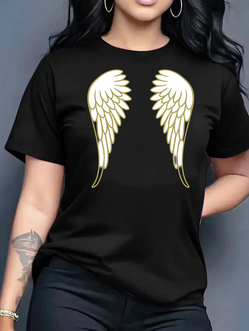 قميص نسائي جديد لصيف 2026 بياقة مستديرة وتصميم عصري فضفاض مع طباعة أجنحة، قميص بأكمام قصيرة للنساء قميص نسائي جديد لصيف 2026 بياقة مستديرة وتصميم عصري فضفاض مع طباعة أجنحة، قميص بأكمام قصيرة للنساء