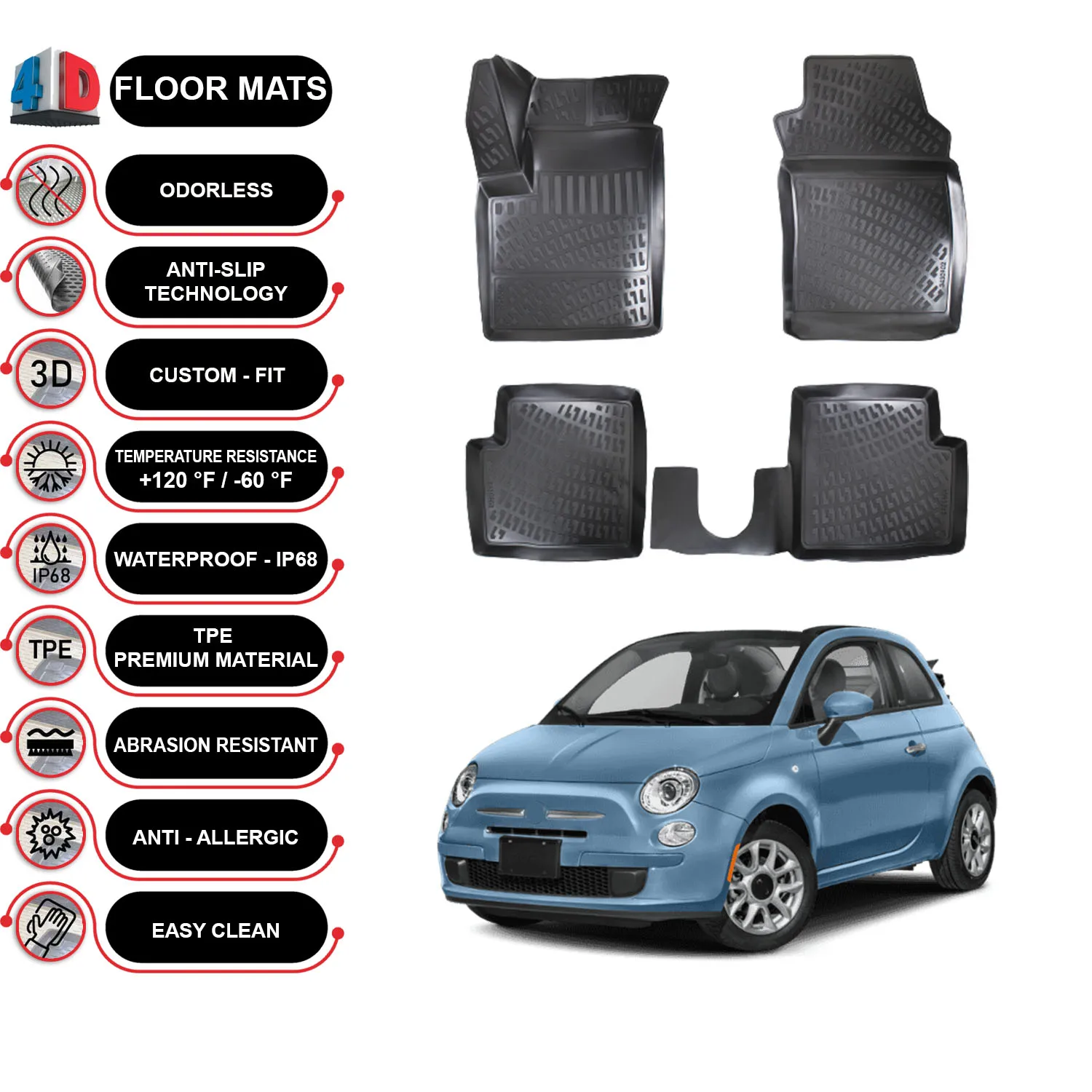 Fiat 500 - (2007-2022) Floor Mats Liner Waterproof 3D - (Black)
Fiat 500 - (2007-2022) Floor Mats Liner Waterproof 3D - (Black)