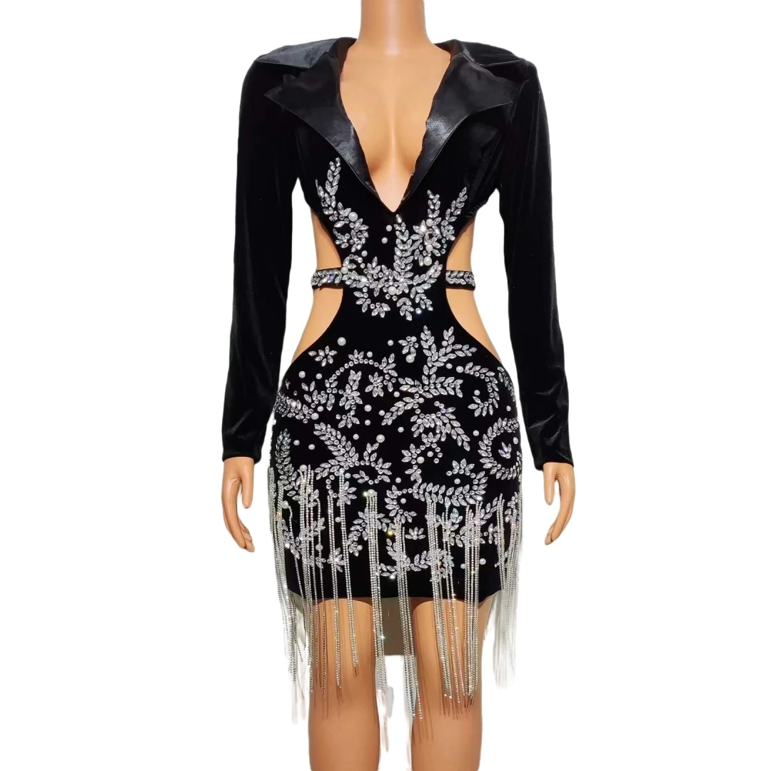 Black Crystals Drill Chain Short Dress For Women Velvet Long Sleeve Dressy Birthday Queen Outfits Sparkly Pageant Singer Wear
Black Crystals Drill Chain Short Dress For Women Velvet Long Sleeve Dressy Birthday Queen Outfits Sparkly Pageant Singer Wear