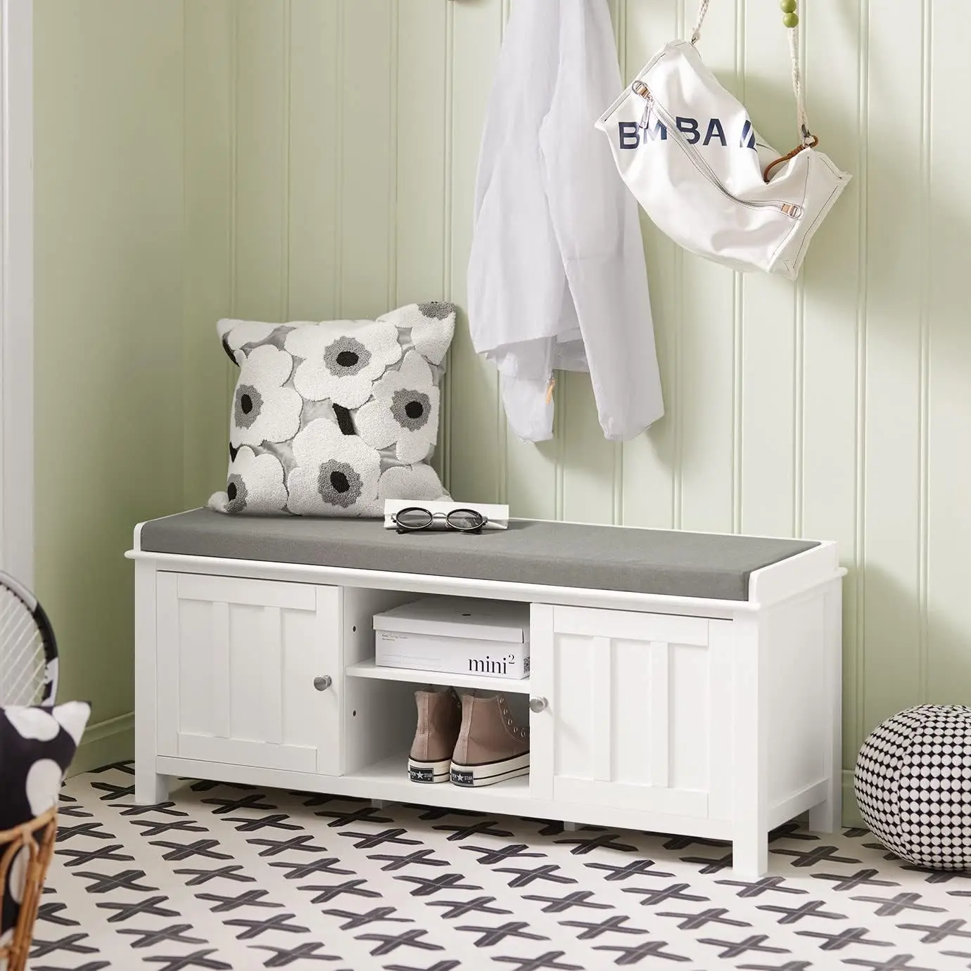

White Storage Bench with 2 Doors, Shelf & Removable Seat Cushion, Shoe Cabinet, Shoe Bench